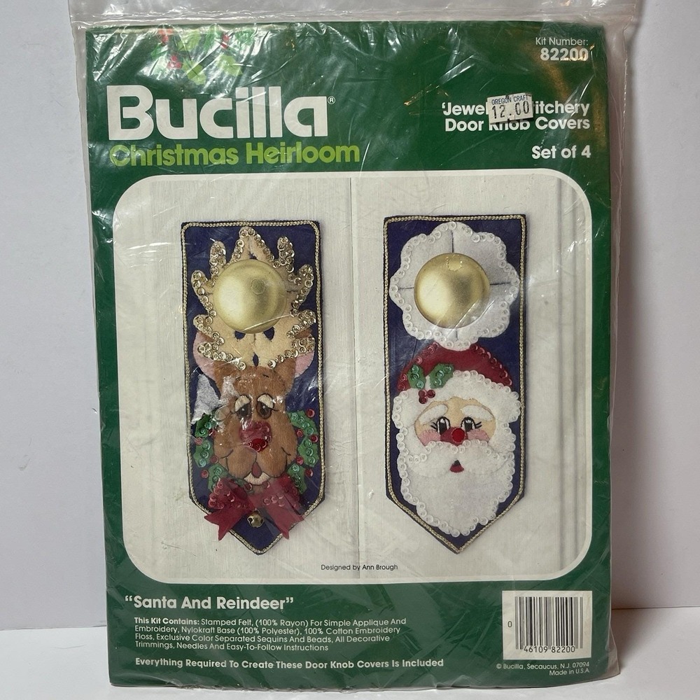Bucilla 82200 Santa Reindeer Doorknob Covers Christmas Felt Bead Sequin Kit NOS